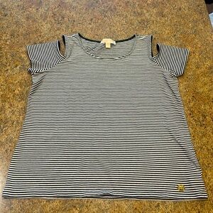 Michael Kors Cold Shoulder Short Sleeved Top Black White Striped Womens Size XL